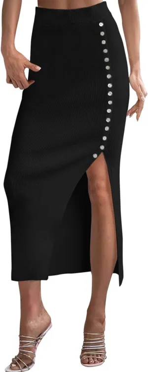 Women's Split Ribbed Knit Bodycon Maxi Skirt High Waisted Side Slit Pencil Long Skirts Women Midi Skirt Pencil