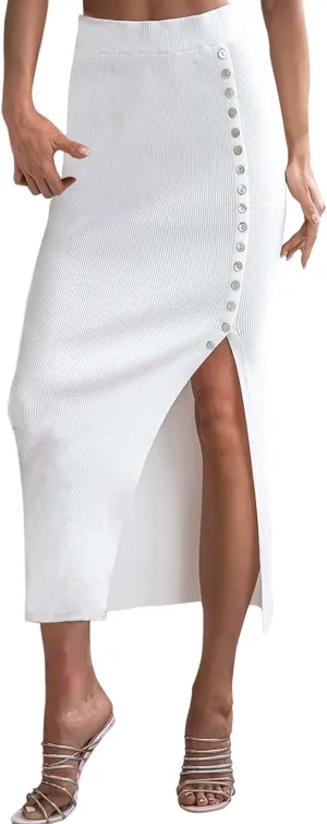 Women's Split Ribbed Knit Bodycon Maxi Skirt High Waisted Side Slit Pencil Long Skirts Women Midi Skirt Pencil