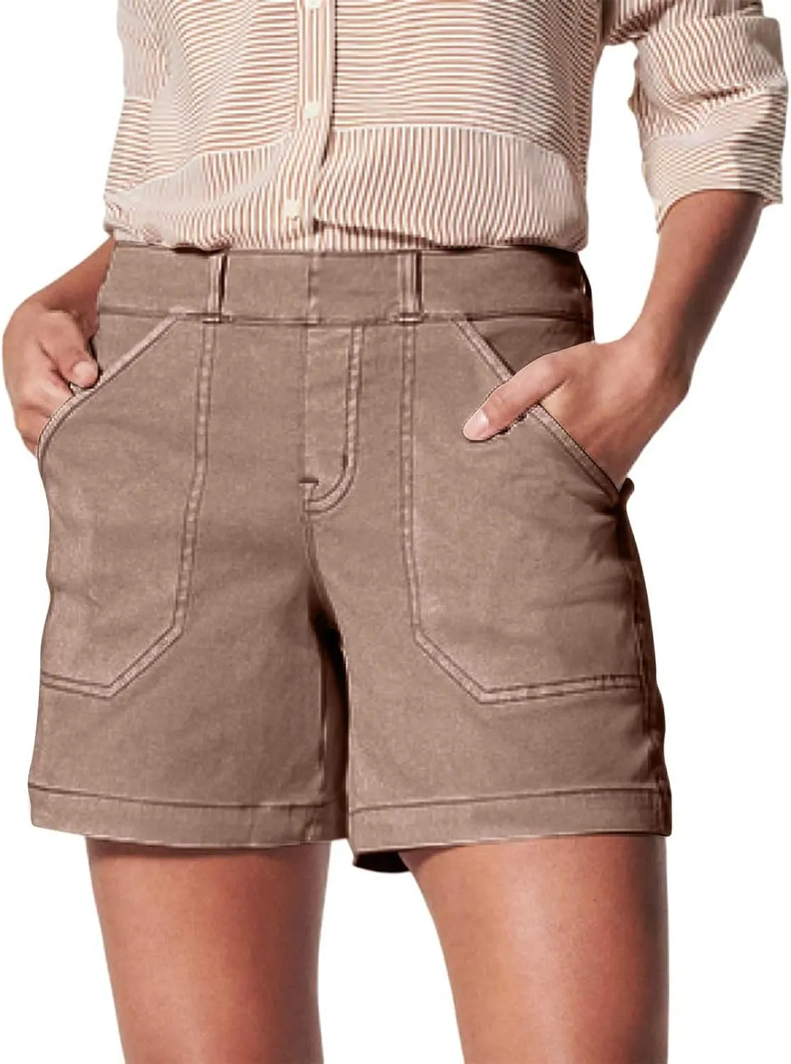 Women's Stretch Twill Shorts High Waist Stretch Baggy Summer Casual Cargo Shorts with Pockets Lightweight Relaxed Fit Pants