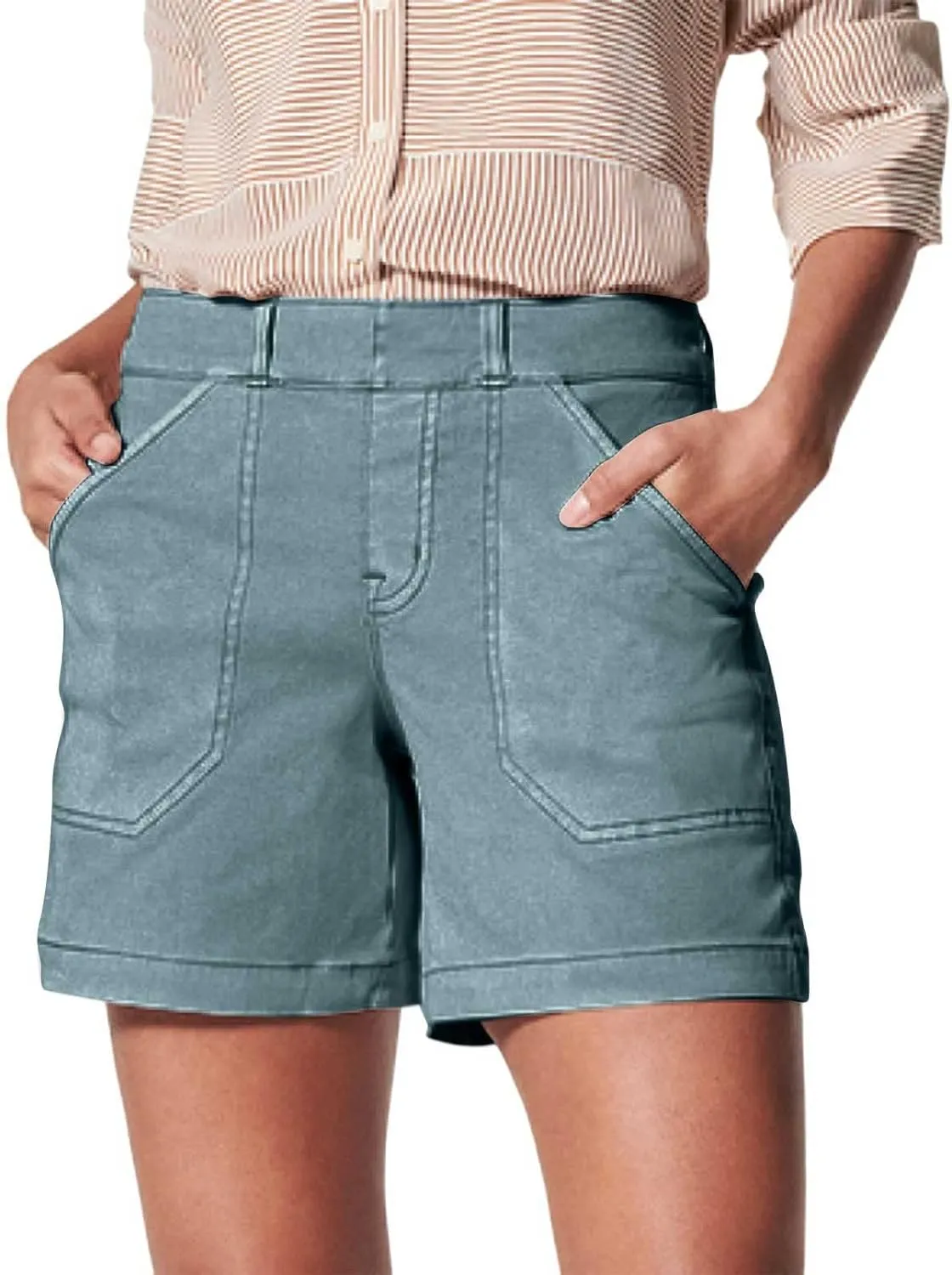 Women's Stretch Twill Shorts High Waist Stretch Baggy Summer Casual Cargo Shorts with Pockets Lightweight Relaxed Fit Pants