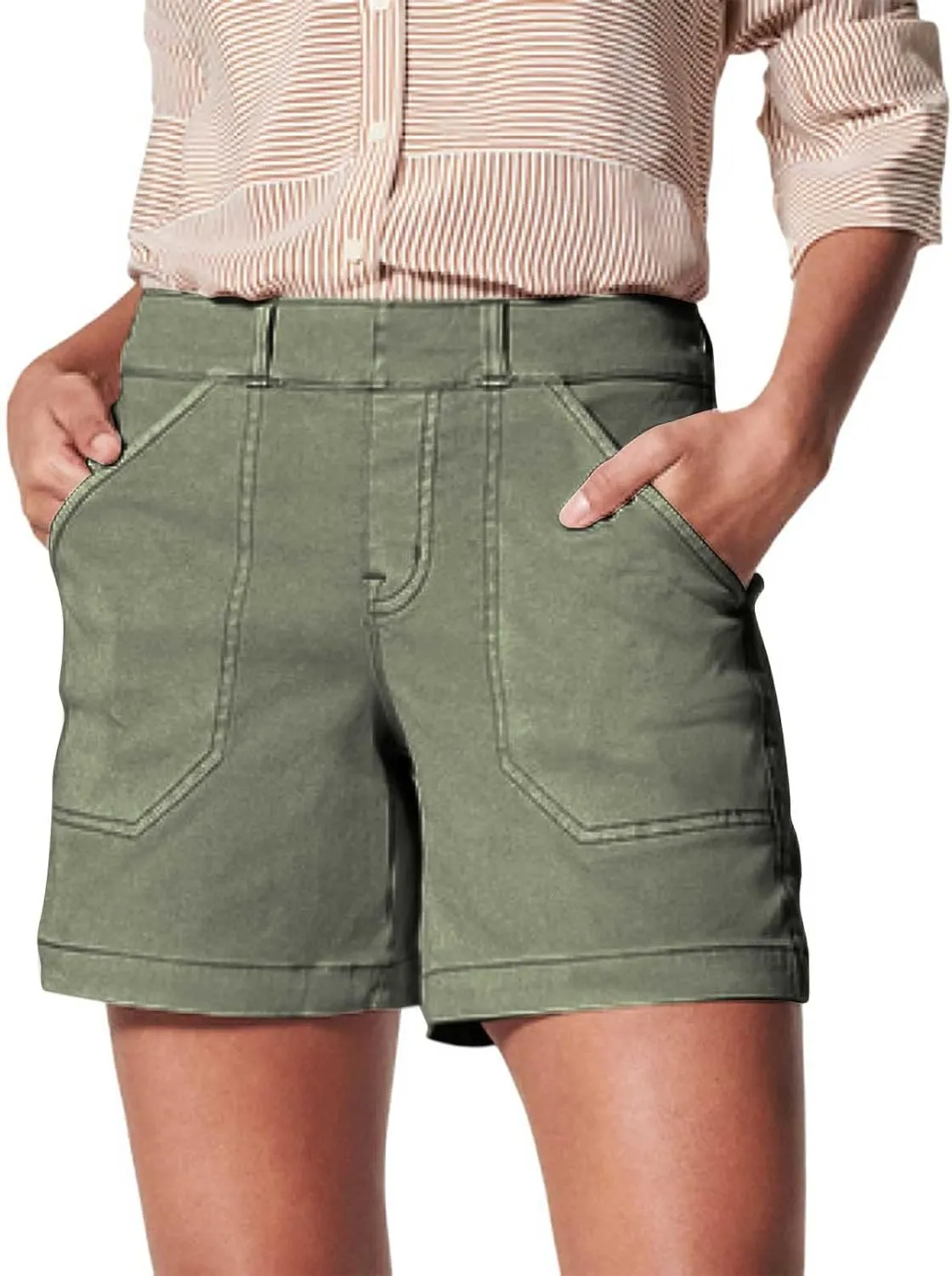 Women's Stretch Twill Shorts High Waist Stretch Baggy Summer Casual Cargo Shorts with Pockets Lightweight Relaxed Fit Pants