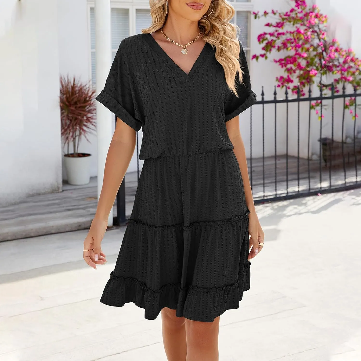 Womens Summer Casual Dresses 2025 V Neck Short Sleeve Beach Sundresses Flowy Tiered Solid Color Beach T Shirt Dress