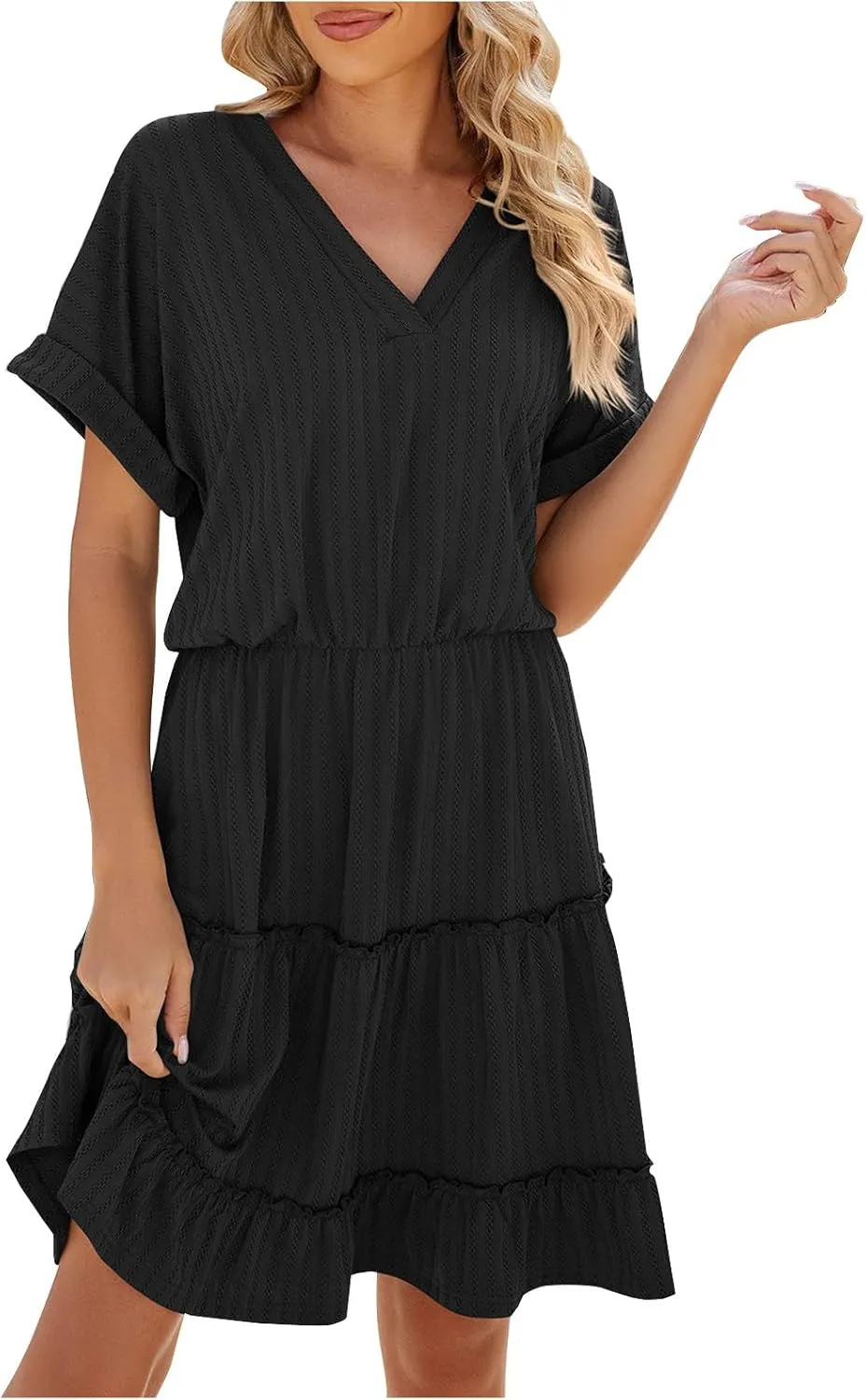 Womens Summer Casual Dresses 2025 V Neck Short Sleeve Beach Sundresses Flowy Tiered Solid Color Beach T Shirt Dress