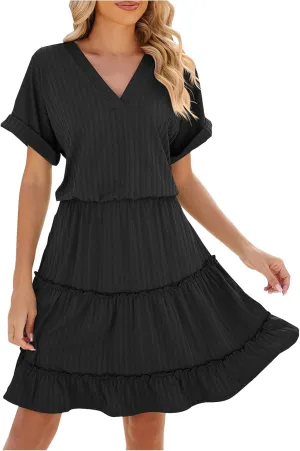 Womens Summer Casual Dresses 2025 V Neck Short Sleeve Beach Sundresses Flowy Tiered Solid Color Beach T Shirt Dress