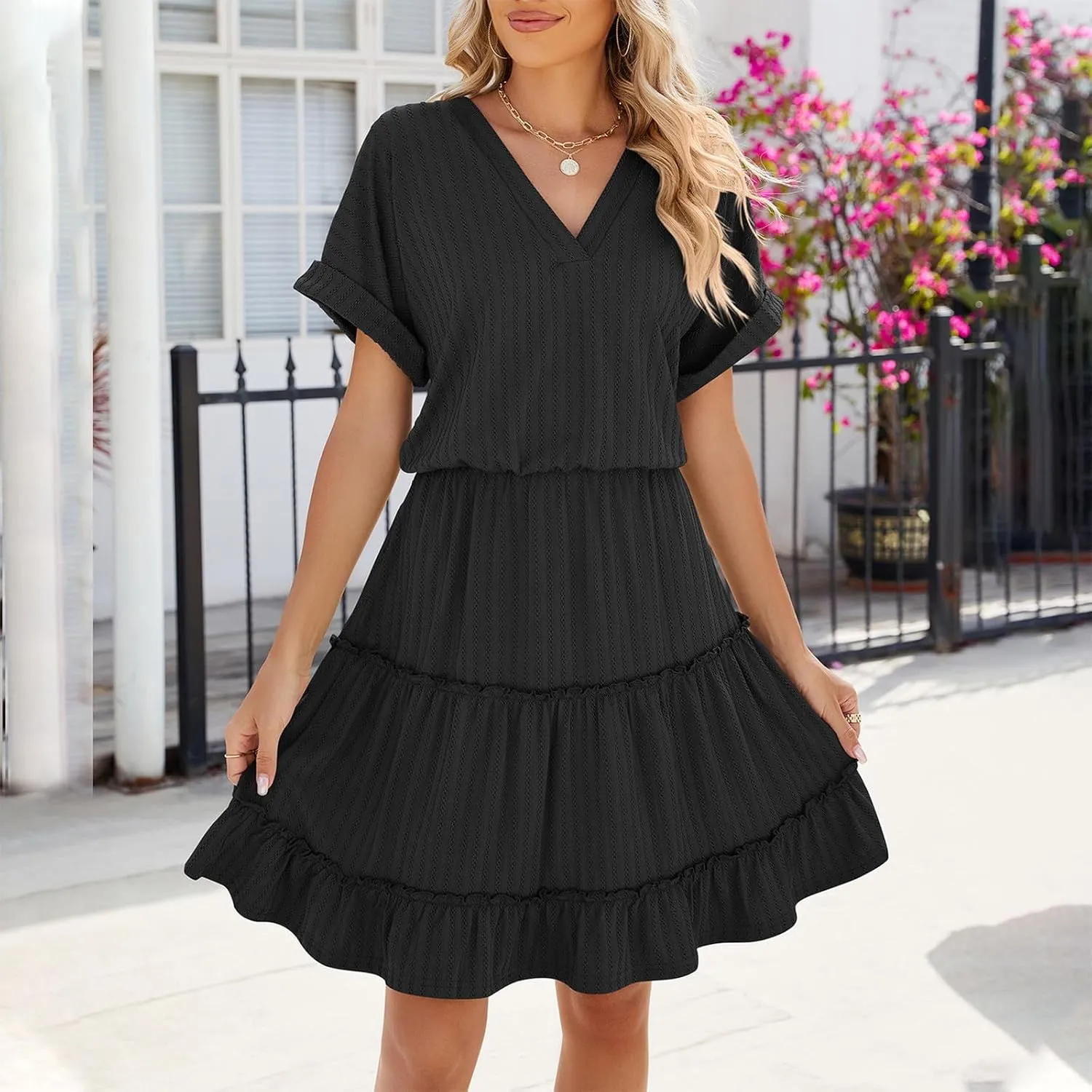 Womens Summer Casual Dresses 2025 V Neck Short Sleeve Beach Sundresses Flowy Tiered Solid Color Beach T Shirt Dress