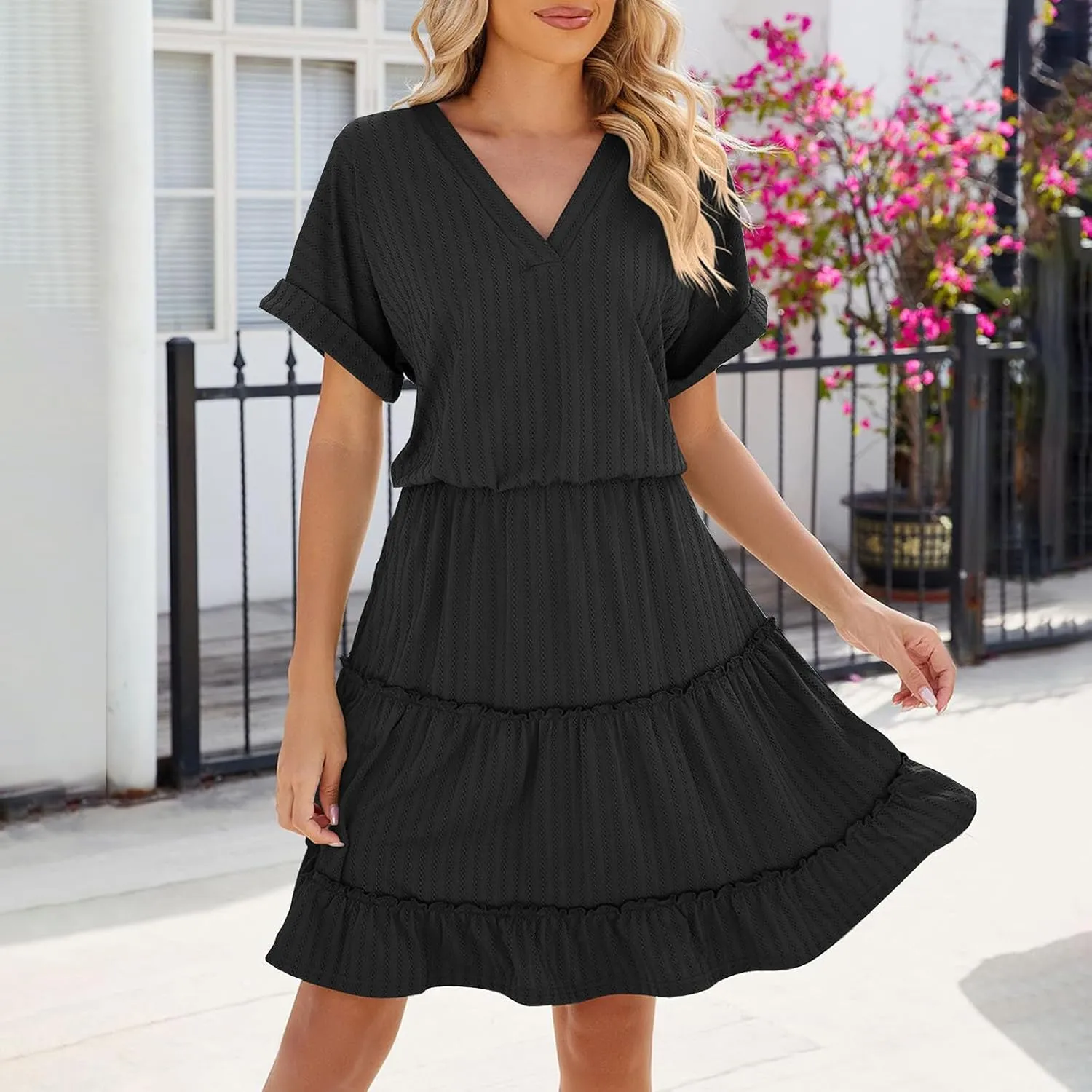 Womens Summer Casual Dresses 2025 V Neck Short Sleeve Beach Sundresses Flowy Tiered Solid Color Beach T Shirt Dress