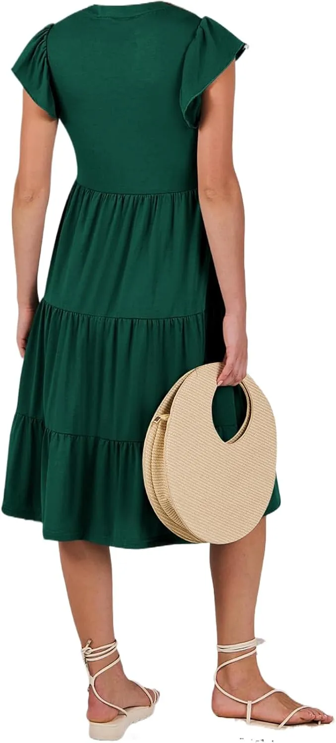 Womens Summer Dress Fashion Ruffle Sleeve V Neck Midi Dresses Trendy Flowy Tiered Beach Vacation Boho Sundress 2025