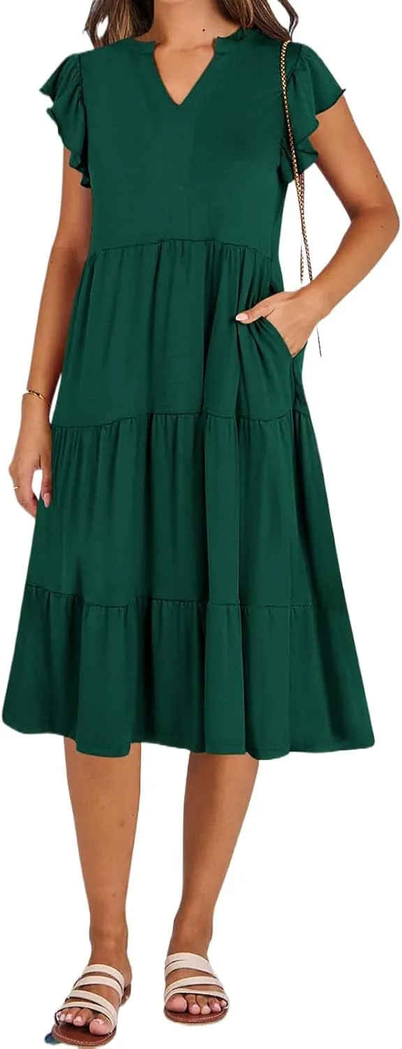 Womens Summer Dress Fashion Ruffle Sleeve V Neck Midi Dresses Trendy Flowy Tiered Beach Vacation Boho Sundress 2025