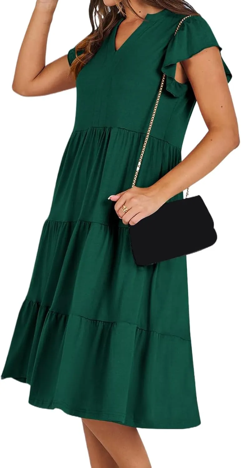 Womens Summer Dress Fashion Ruffle Sleeve V Neck Midi Dresses Trendy Flowy Tiered Beach Vacation Boho Sundress 2025