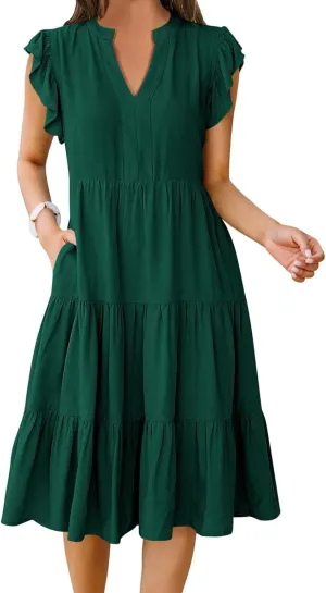 Womens Summer Dress Fashion Ruffle Sleeve V Neck Midi Dresses Trendy Flowy Tiered Beach Vacation Boho Sundress 2025
