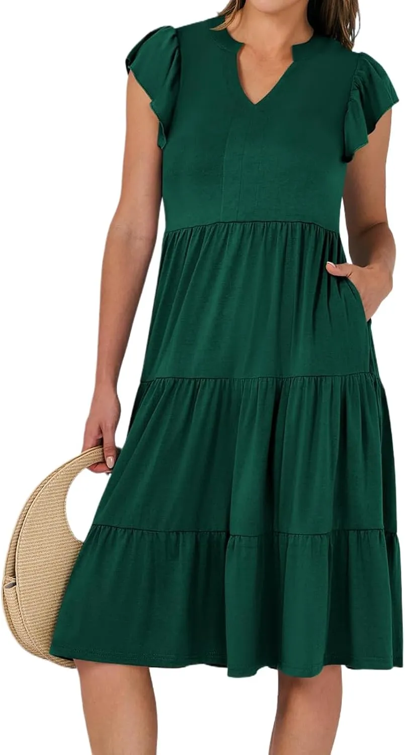 Womens Summer Dress Fashion Ruffle Sleeve V Neck Midi Dresses Trendy Flowy Tiered Beach Vacation Boho Sundress 2025