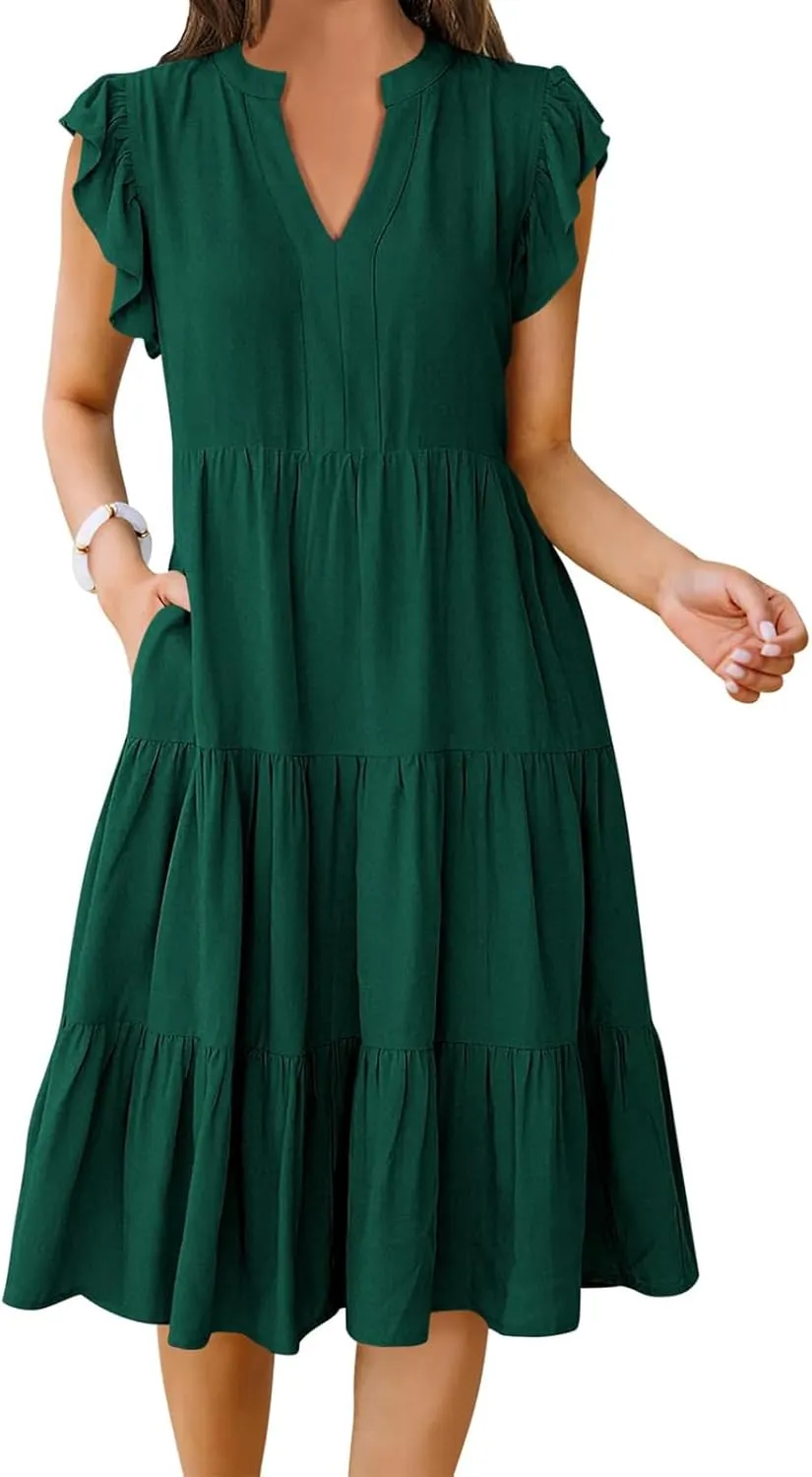 Womens Summer Dress Fashion Ruffle Sleeve V Neck Midi Dresses Trendy Flowy Tiered Beach Vacation Boho Sundress 2025