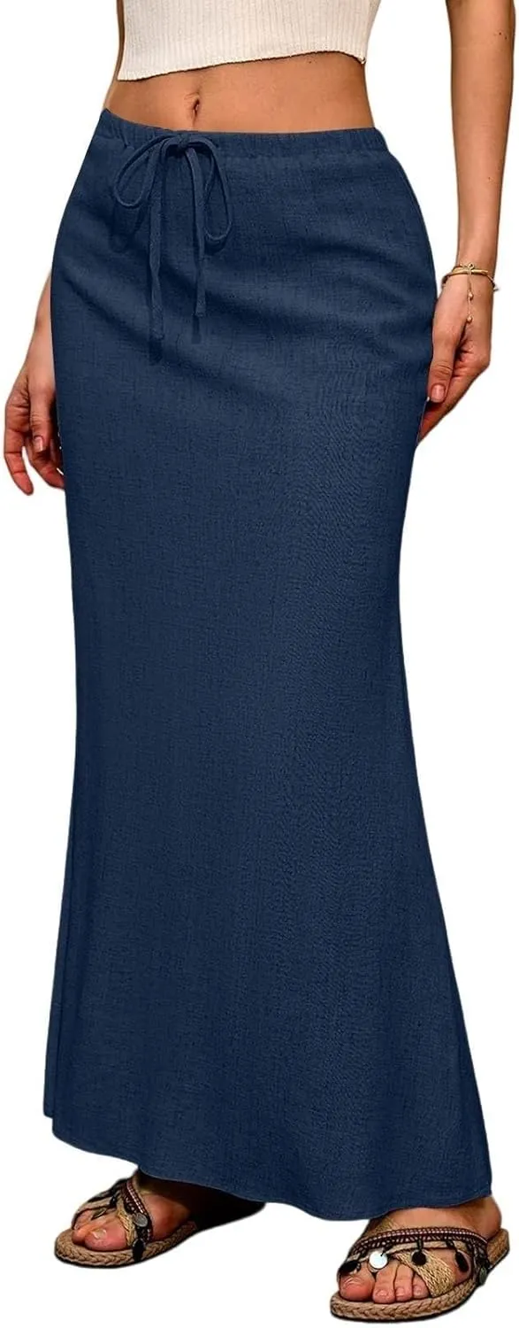 Womens Summer Maxi Skirt Drawstring High Elastic Waist Skirts Linen Flared Skirt Slim Fitted Going Out Casual Midi Skirts