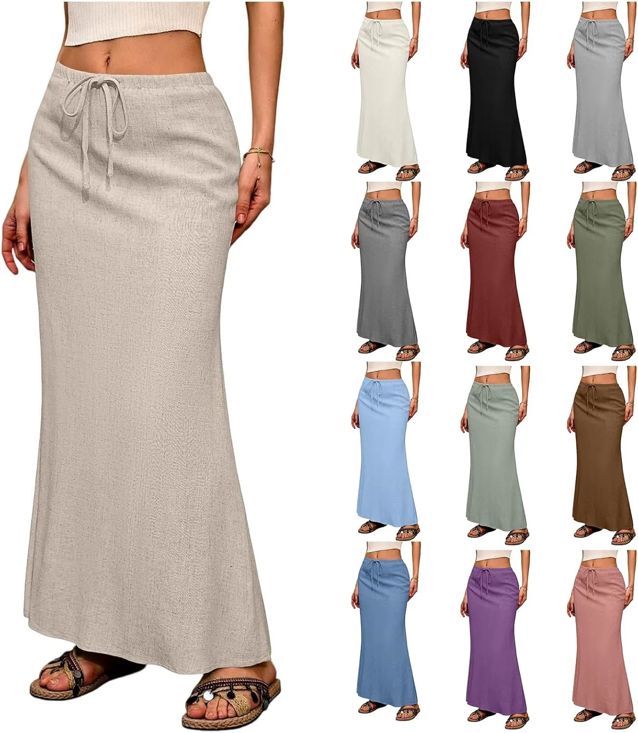 Womens Summer Maxi Skirt Drawstring High Elastic Waist Skirts Linen Flared Skirt Slim Fitted Going Out Casual Midi Skirts