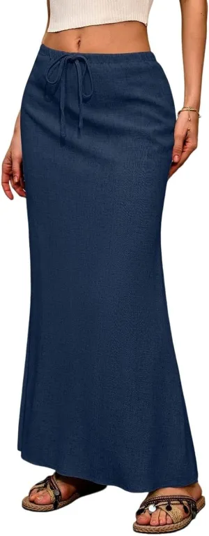 Womens Summer Maxi Skirt Drawstring High Elastic Waist Skirts Linen Flared Skirt Slim Fitted Going Out Casual Midi Skirts