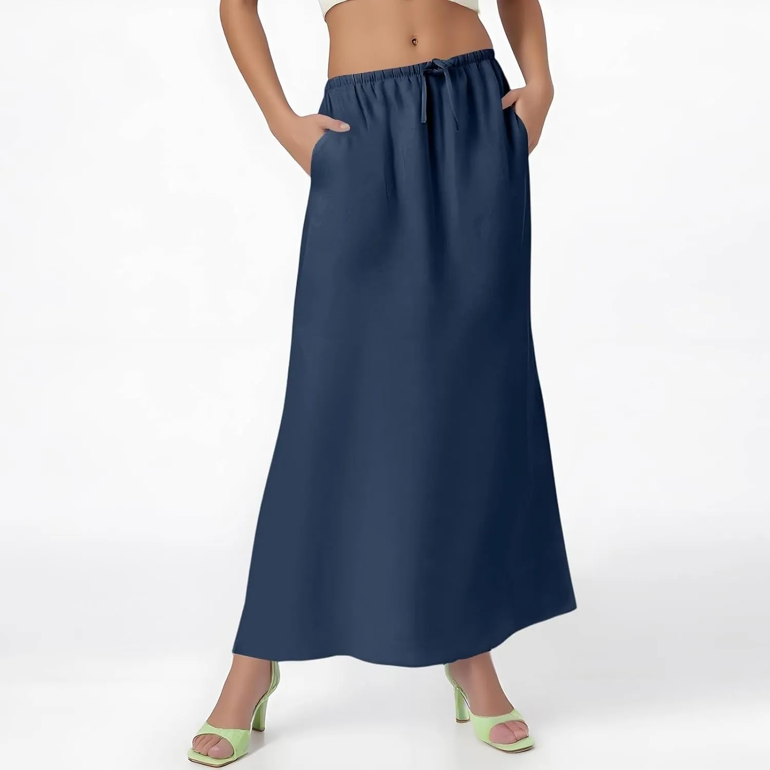 Womens Summer Maxi Skirt Drawstring High Elastic Waist Skirts Linen Flared Skirt Slim Fitted Going Out Casual Midi Skirts