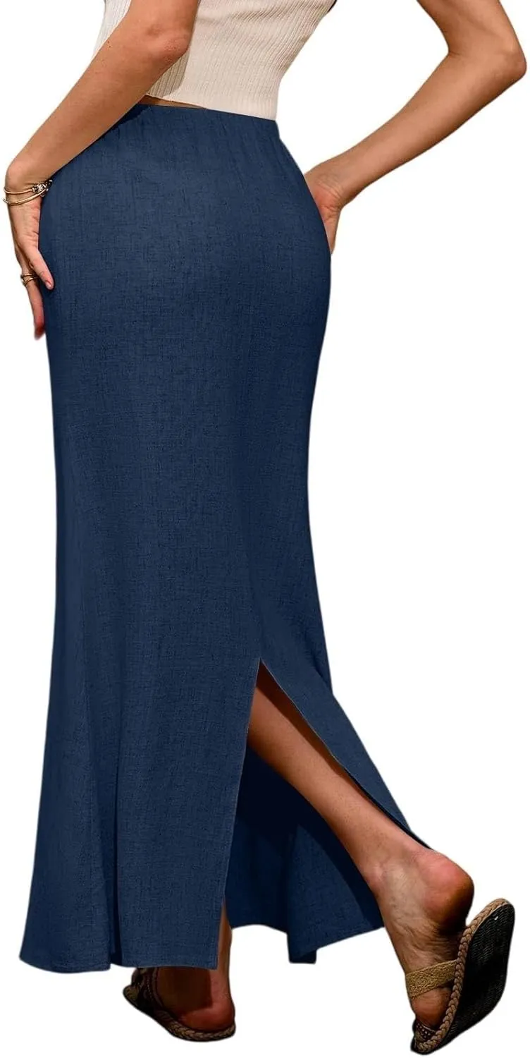Womens Summer Maxi Skirt Drawstring High Elastic Waist Skirts Linen Flared Skirt Slim Fitted Going Out Casual Midi Skirts