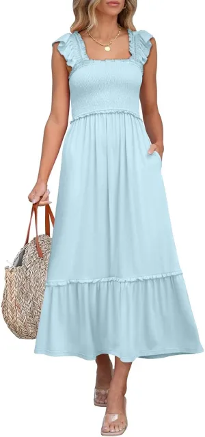 Womens Summer Sleeveless Maxi Dress Square Neck Smocked Boho Casual Ruffle Strap Flowy A-Line Long Beach Sundress