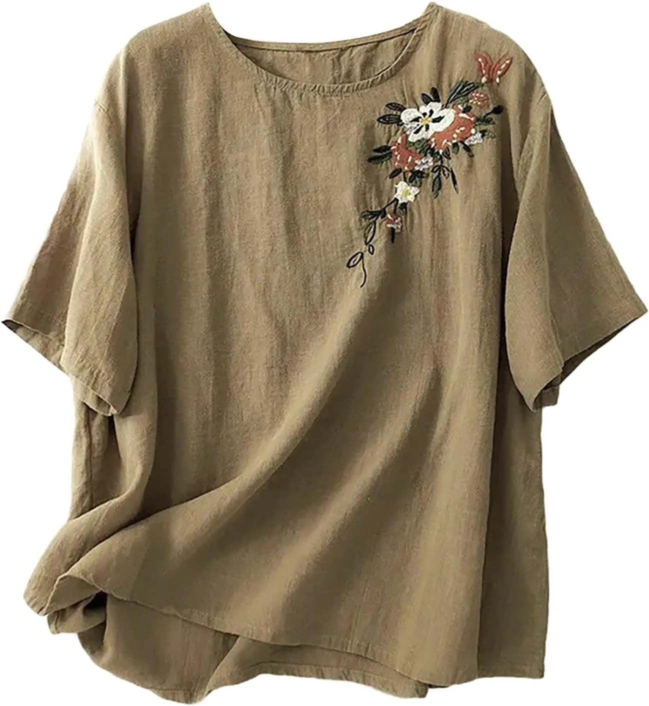 Women's Summer Tops Casual Cotton Linen T Shirts Short Sleeve Crew Neck Shirt Oversized Floral Graphic Tees