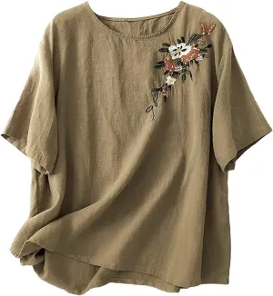 Women's Summer Tops Casual Cotton Linen T Shirts Short Sleeve Crew Neck Shirt Oversized Floral Graphic Tees