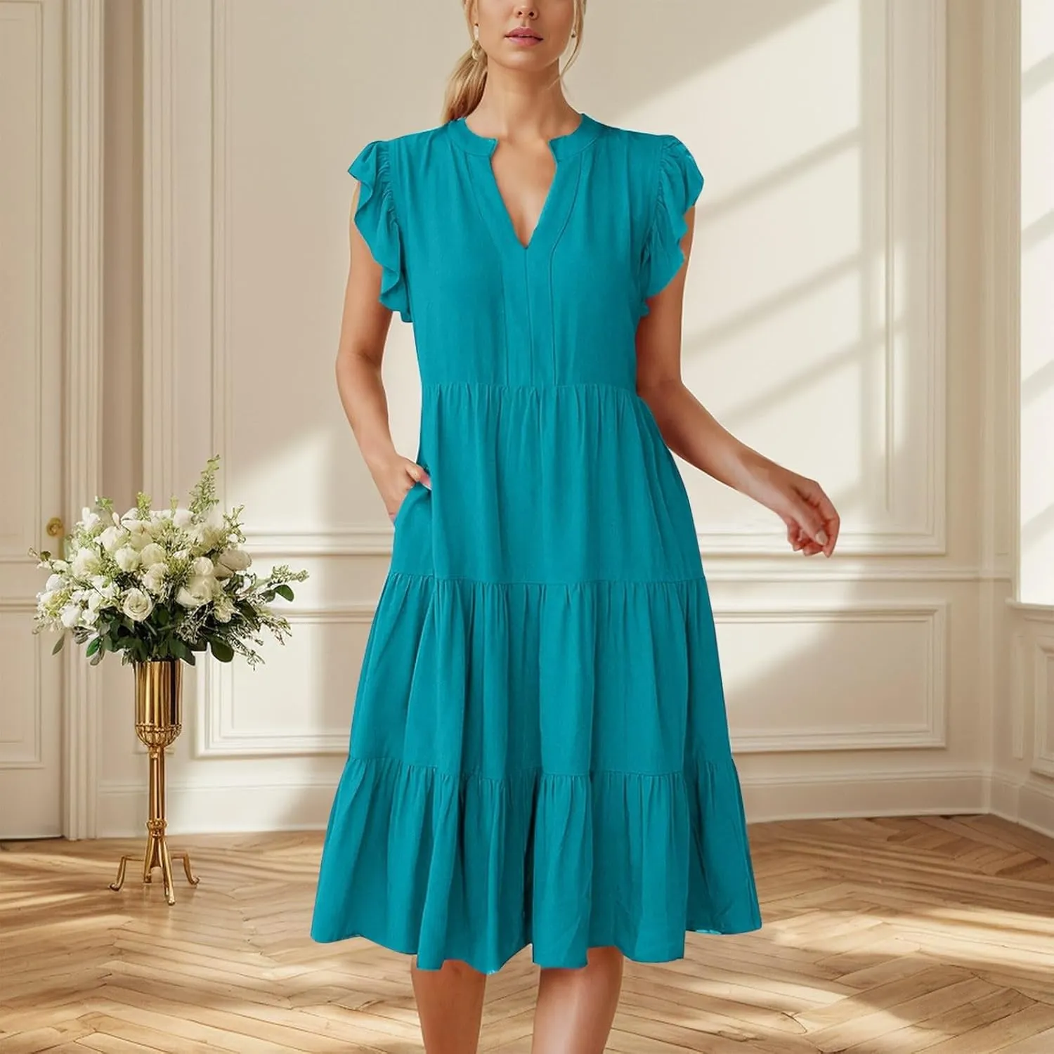 Womens Sundress Cute V Neck Ruffle Sleeve Casual Midi Dresses Flowy Tiered Boho Vacation Beach A-Line Dress