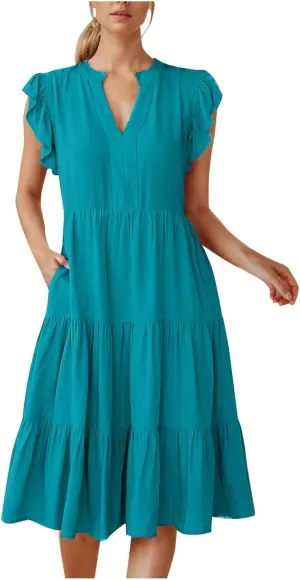 Womens Sundress Cute V Neck Ruffle Sleeve Casual Midi Dresses Flowy Tiered Boho Vacation Beach A-Line Dress