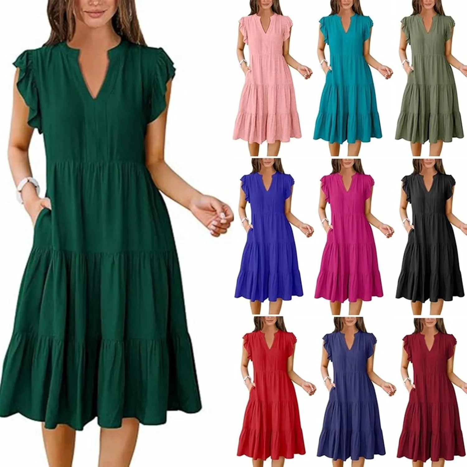 Womens Sundress Cute V Neck Ruffle Sleeve Casual Midi Dresses Flowy Tiered Boho Vacation Beach A-Line Dress
