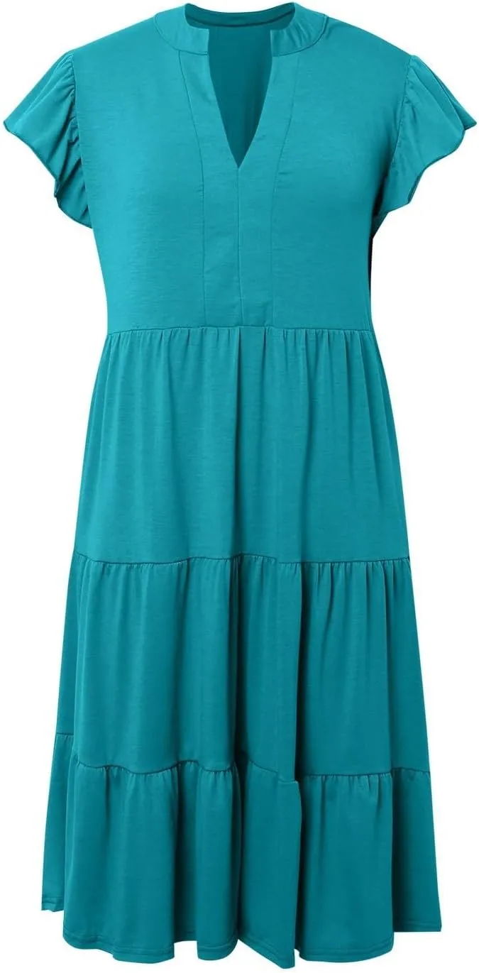 Womens Sundress Cute V Neck Ruffle Sleeve Casual Midi Dresses Flowy Tiered Boho Vacation Beach A-Line Dress