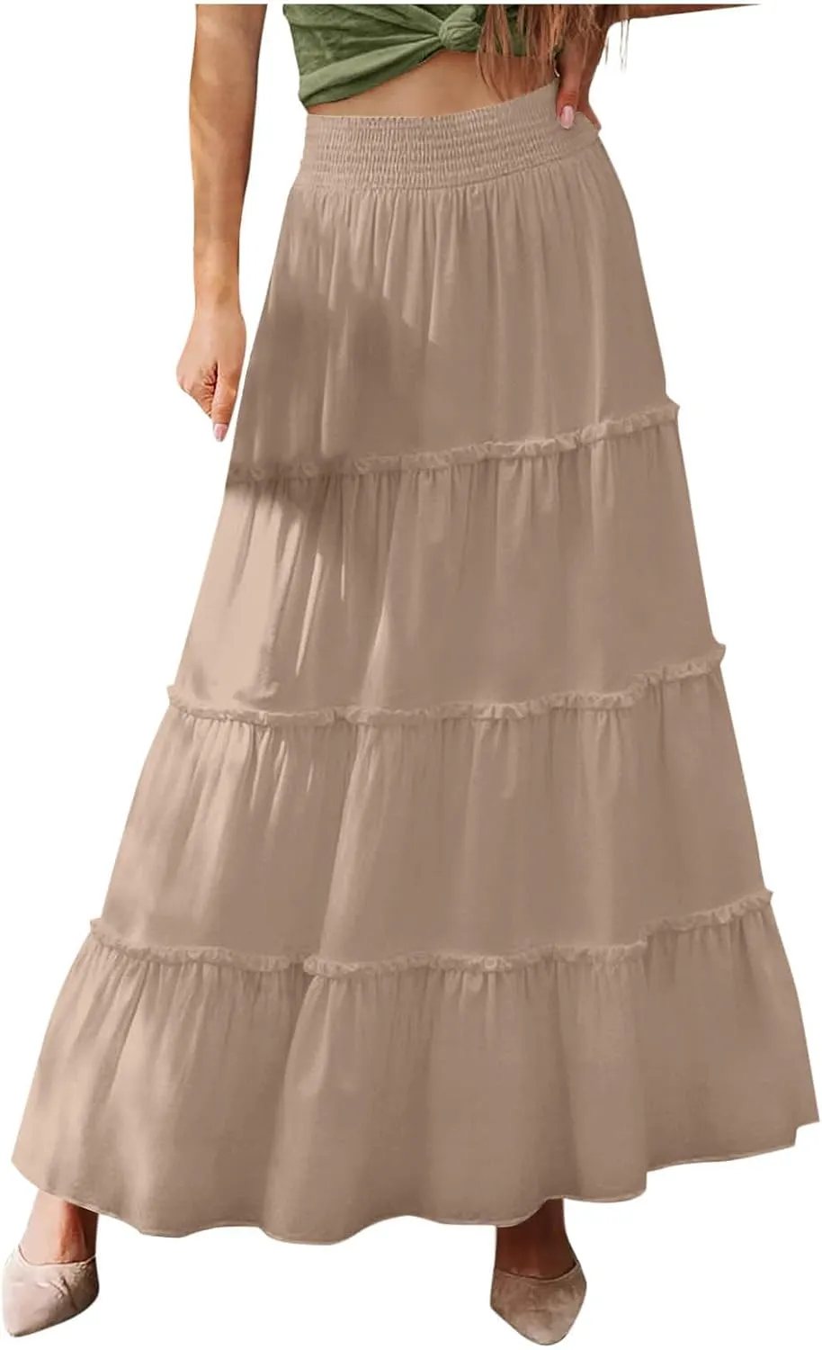 Women's Tiered Skirt Summer Casual Flowy Swing Pleated Beach Long Skirts Fashion Ruffle High Wasit Beach Maxi Skirt