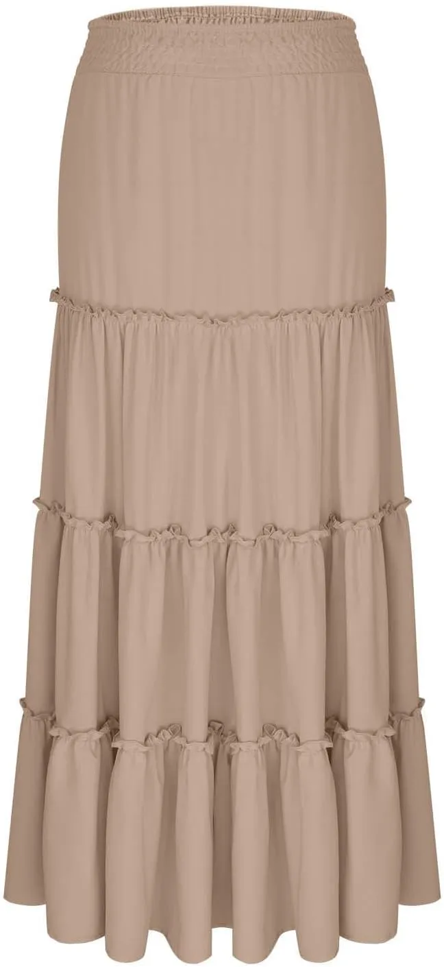 Women's Tiered Skirt Summer Casual Flowy Swing Pleated Beach Long Skirts Fashion Ruffle High Wasit Beach Maxi Skirt
