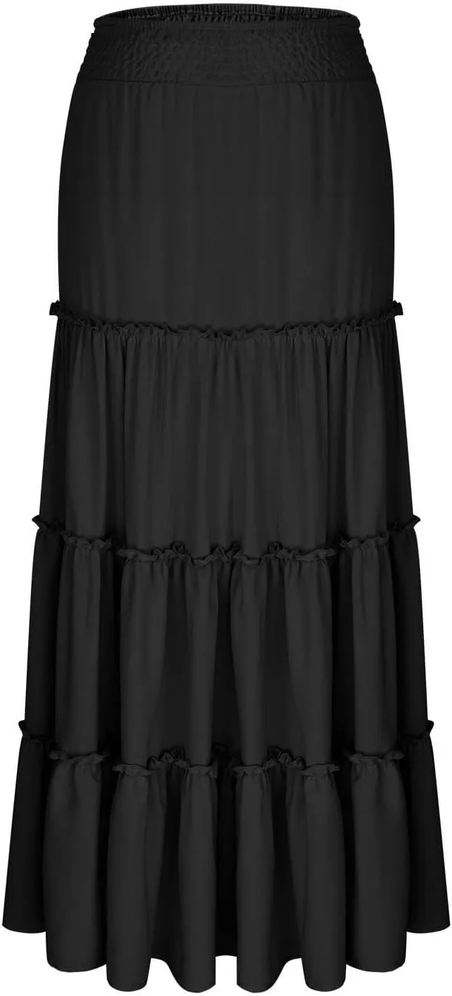 Women's Tiered Skirt Summer Casual Flowy Swing Pleated Beach Long Skirts Fashion Ruffle High Wasit Beach Maxi Skirt