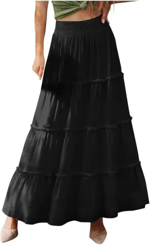 Women's Tiered Skirt Summer Casual Flowy Swing Pleated Beach Long Skirts Fashion Ruffle High Wasit Beach Maxi Skirt