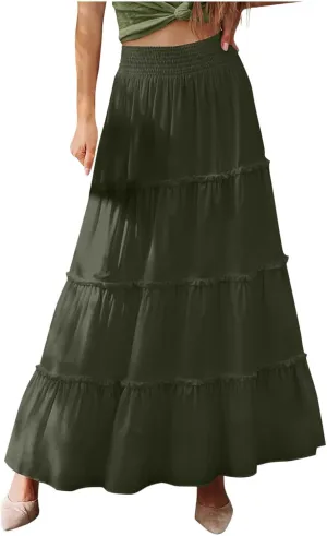 Women's Tiered Skirt Summer Casual Flowy Swing Pleated Beach Long Skirts Fashion Ruffle High Wasit Beach Maxi Skirt