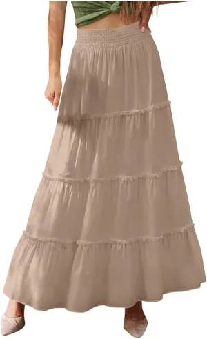 Women's Tiered Skirt Summer Casual Flowy Swing Pleated Beach Long Skirts Fashion Ruffle High Wasit Beach Maxi Skirt