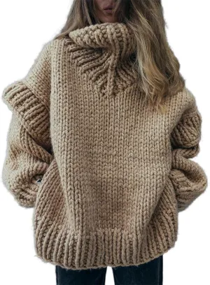 Women's Turtleneck Sweaters Chunky Cable Knit Pullover Casual Solid Long Sleeve Soft Comfy Pullover Jumper Tops