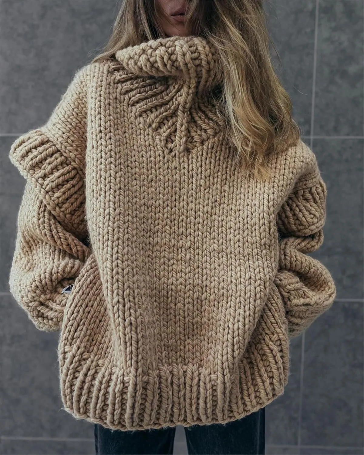Women's Turtleneck Sweaters Chunky Cable Knit Pullover Casual Solid Long Sleeve Soft Comfy Pullover Jumper Tops