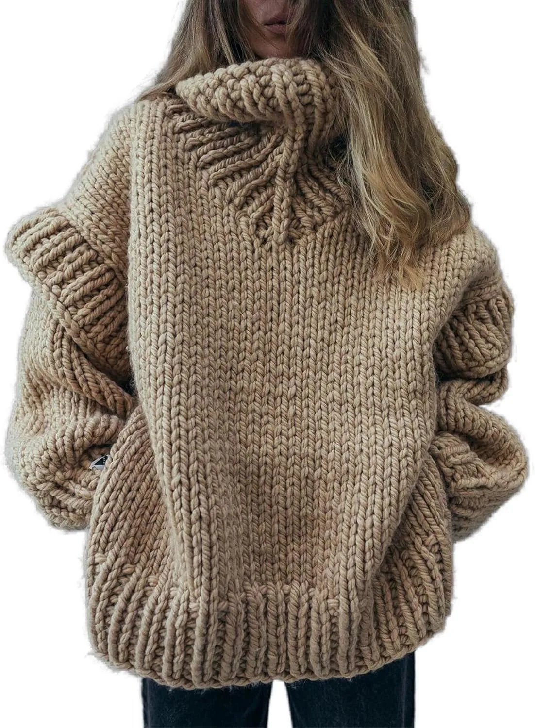Women's Turtleneck Sweaters Chunky Cable Knit Pullover Casual Solid Long Sleeve Soft Comfy Pullover Jumper Tops