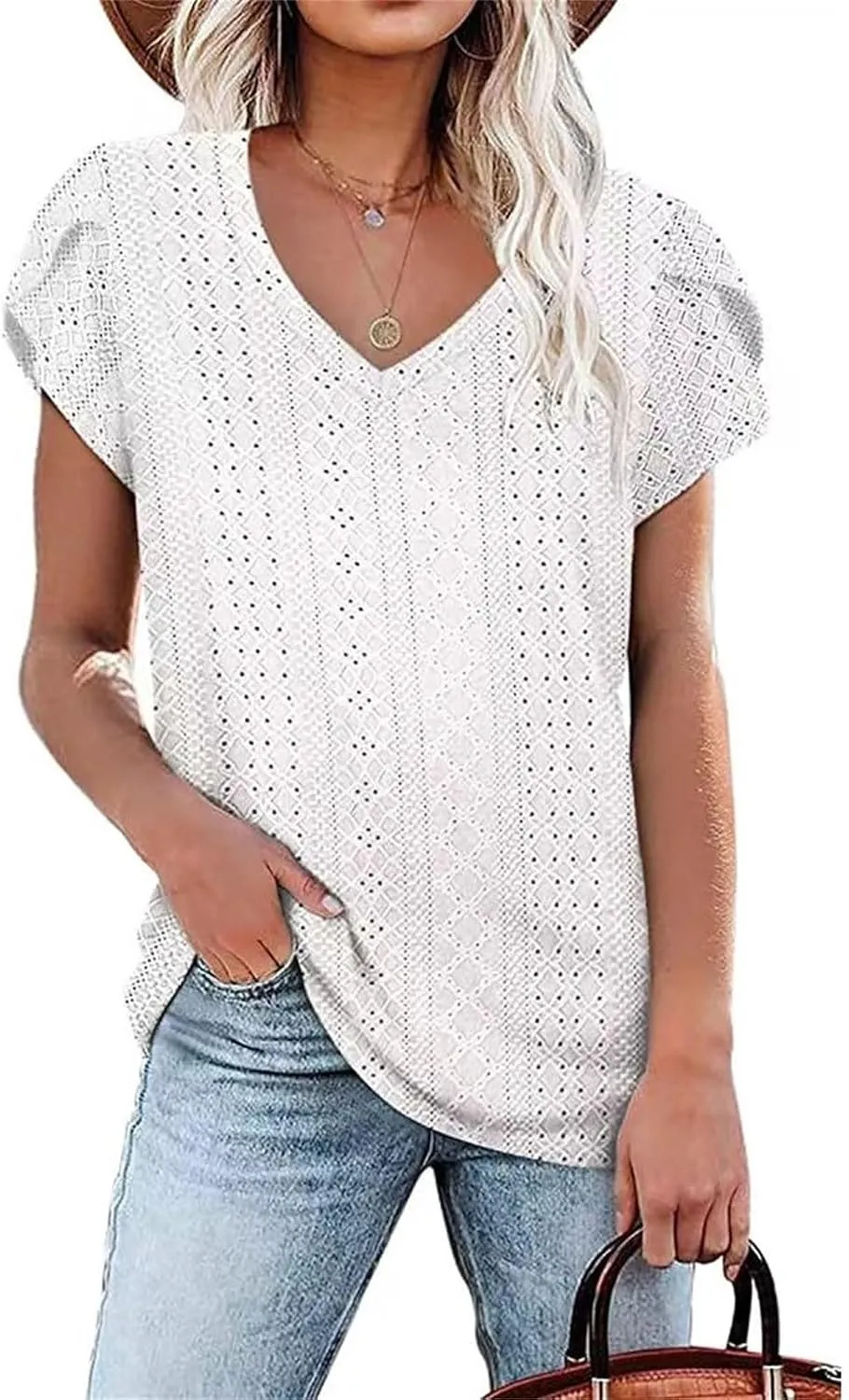 Womens V Neck T-Shirt Summer Short Sleeve Dressy Casual Tops Eyelet Embroidered Fashion Tees