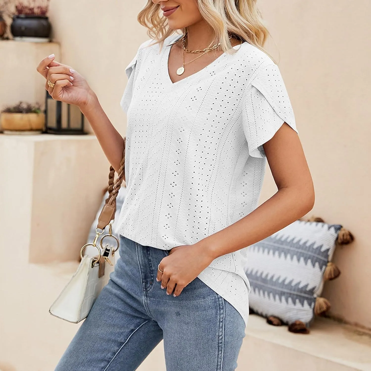 Womens V Neck T-Shirt Summer Short Sleeve Dressy Casual Tops Eyelet Embroidered Fashion Tees