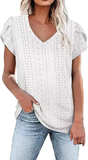 Womens V Neck T-Shirt Summer Short Sleeve Dressy Casual Tops Eyelet Embroidered Fashion Tees