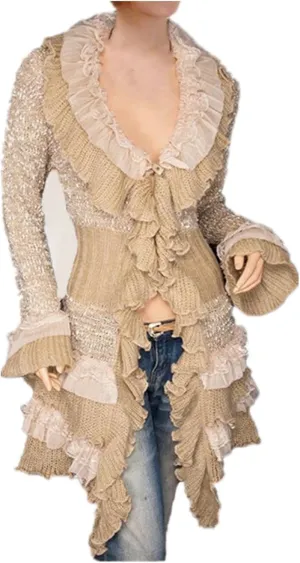 Womens Vintage V Neck Ruffled Asymmetric Cardigan Sweater Outwear Coat
