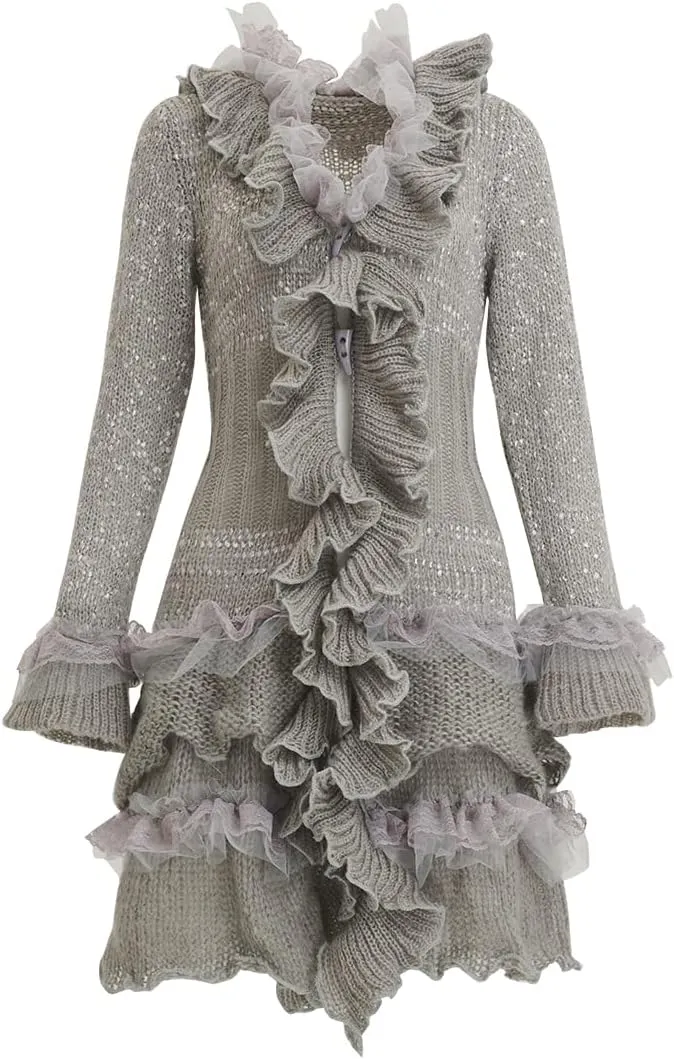 Womens Vintage V Neck Ruffled Asymmetric Cardigan Sweater Outwear Coat
