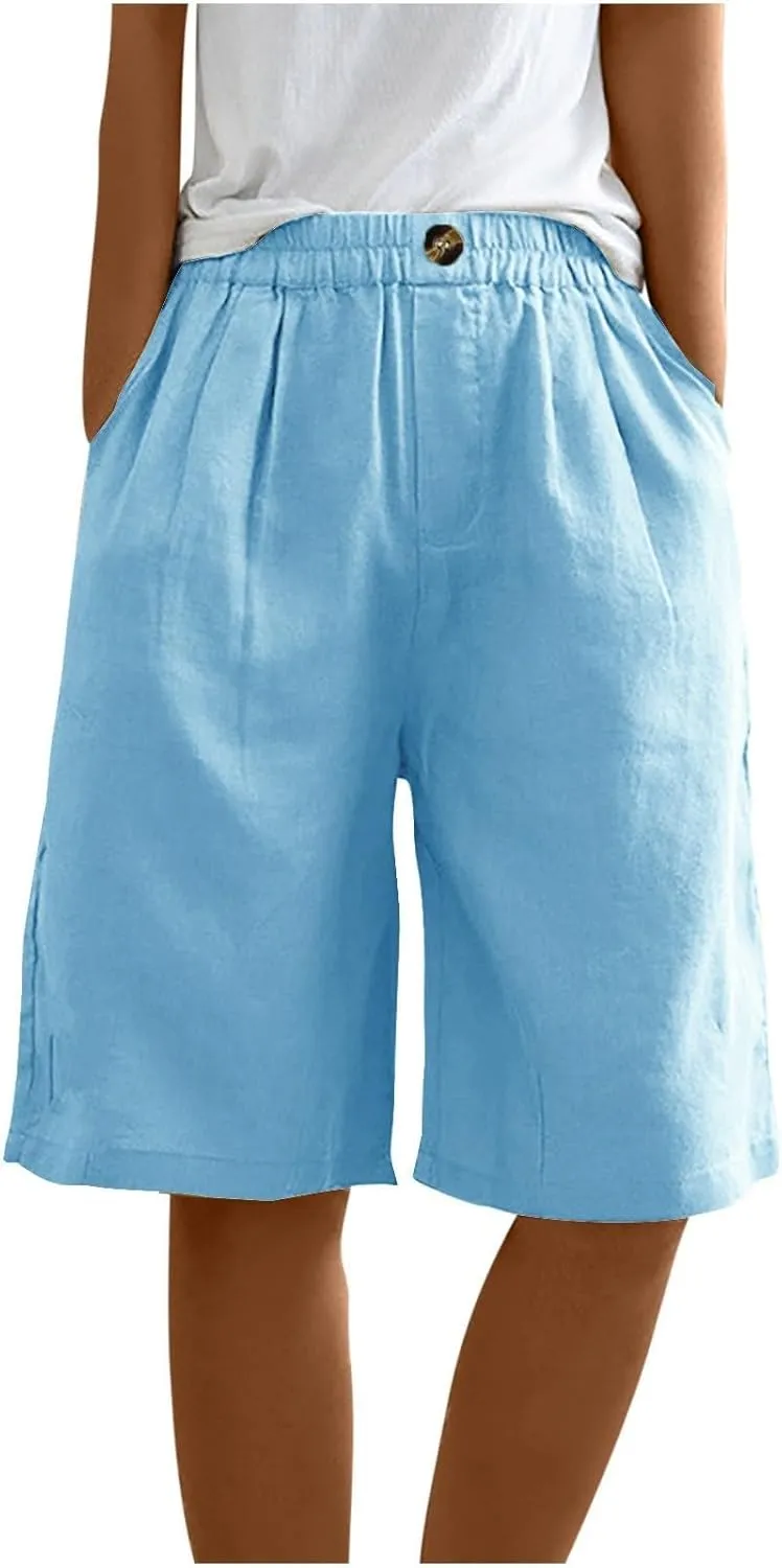 Womens Wide Leg Cotton Linen Shorts Comfy Bermuda Shorts Summer Casual Short Pants Loose Knee Length Shorts