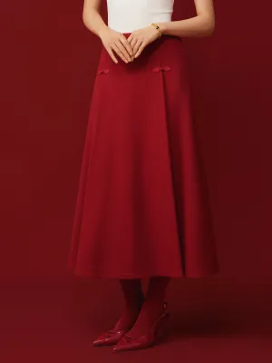 Wide fit Wool-like Frog Button A-Line Midi Skirt