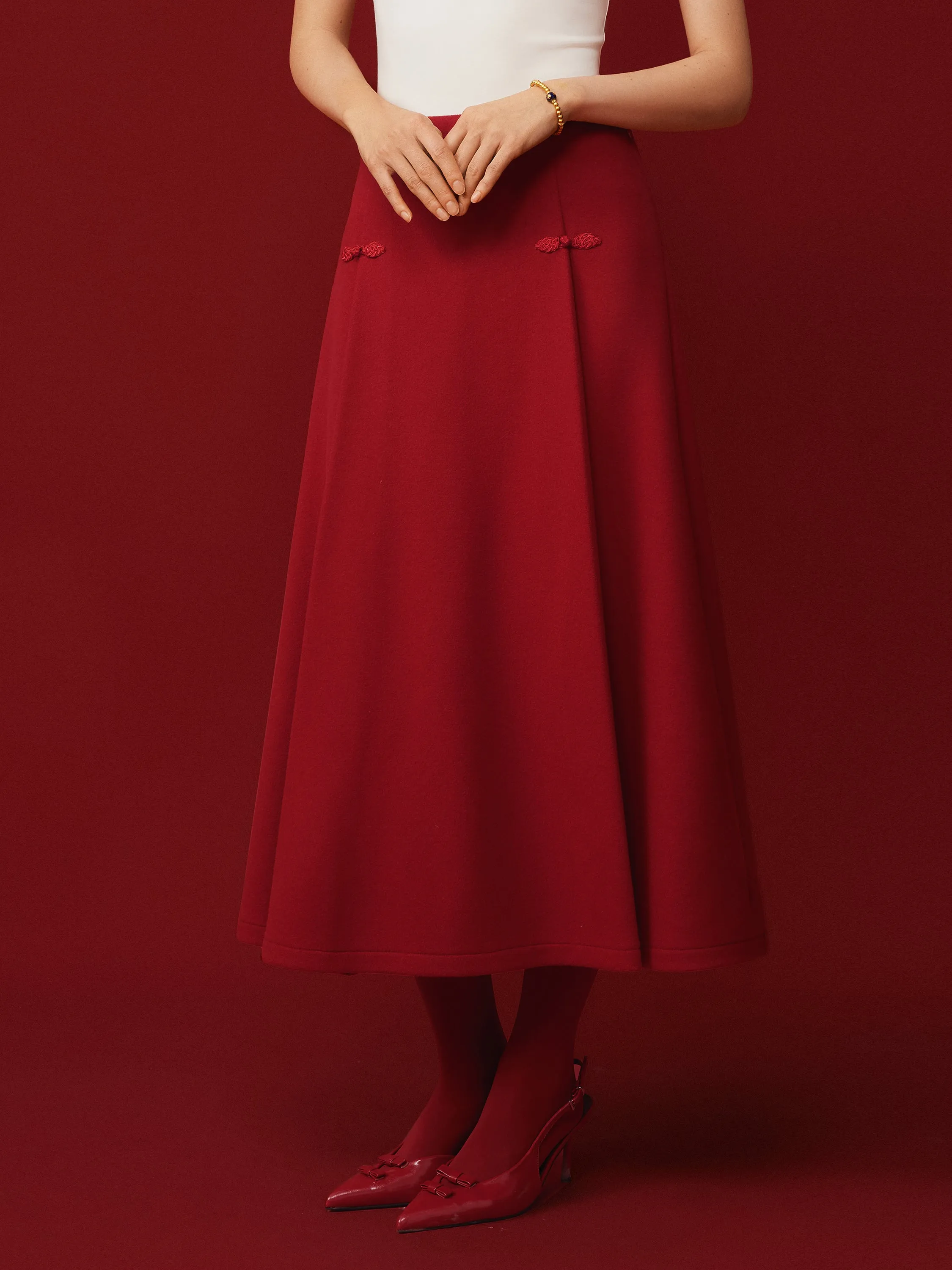 Slip Resistant Wool-like Frog Button A-Line Midi Skirt