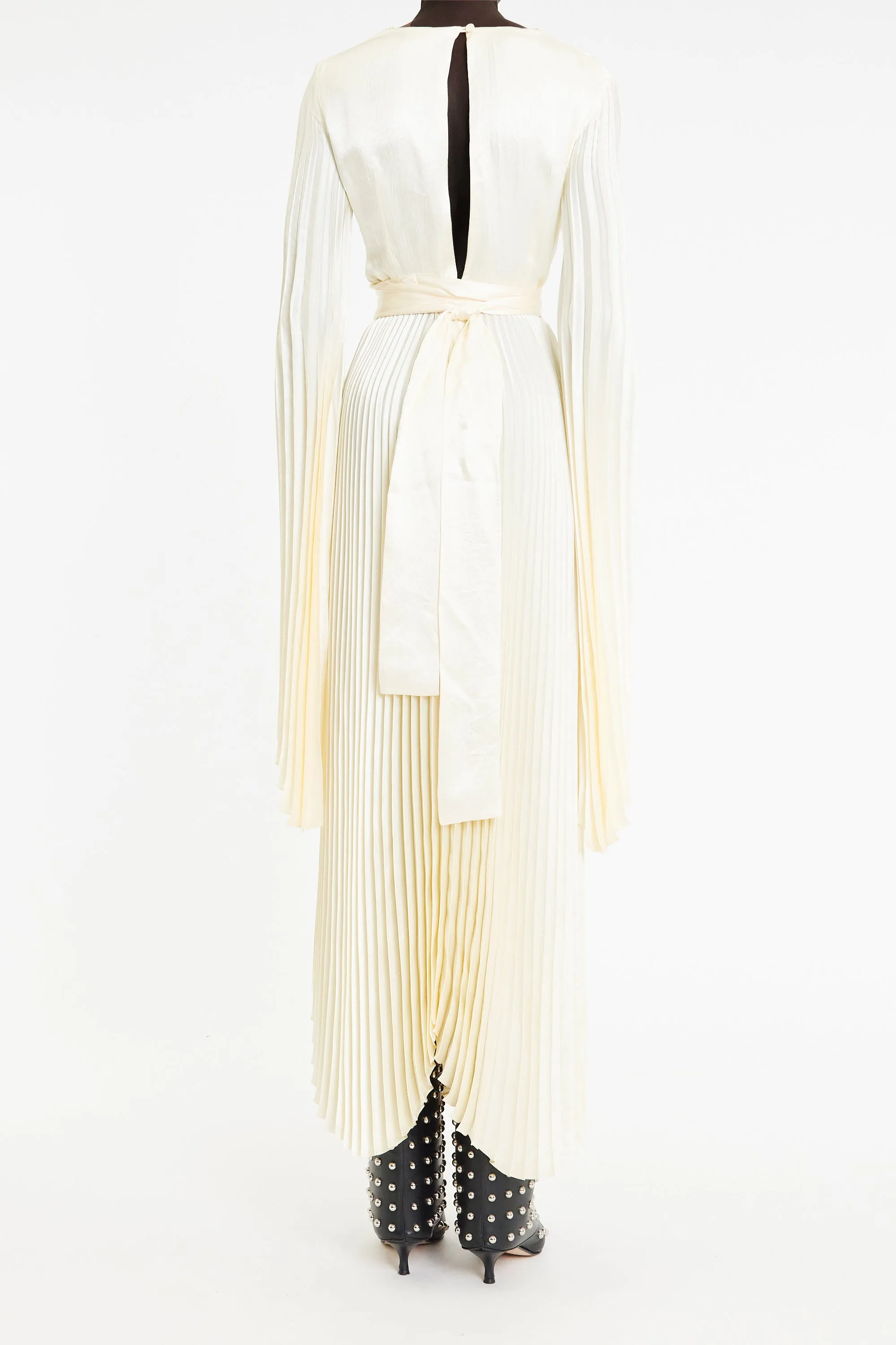 Wrap Around Maxi Dress With Pleated Skirt And Sleeves Ivory Sheer Light