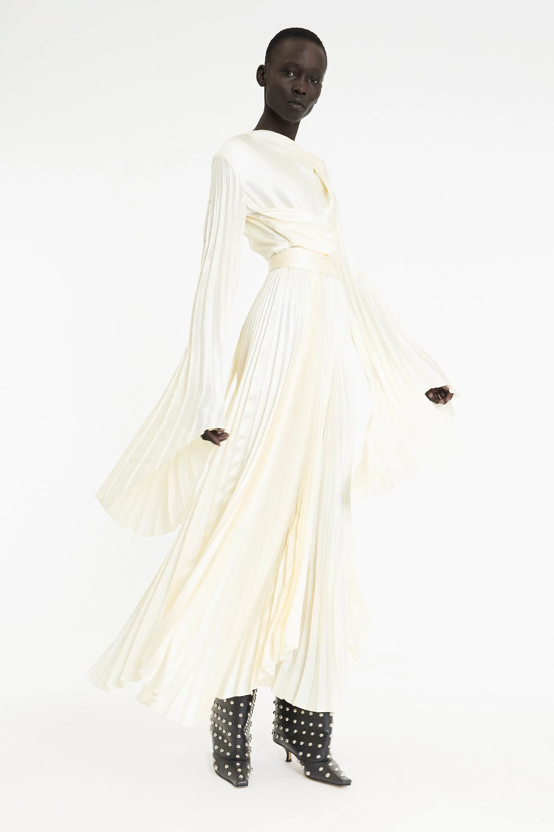 Soft Cut Wrap Around Maxi Dress With Pleated Skirt And Sleeves Ivory