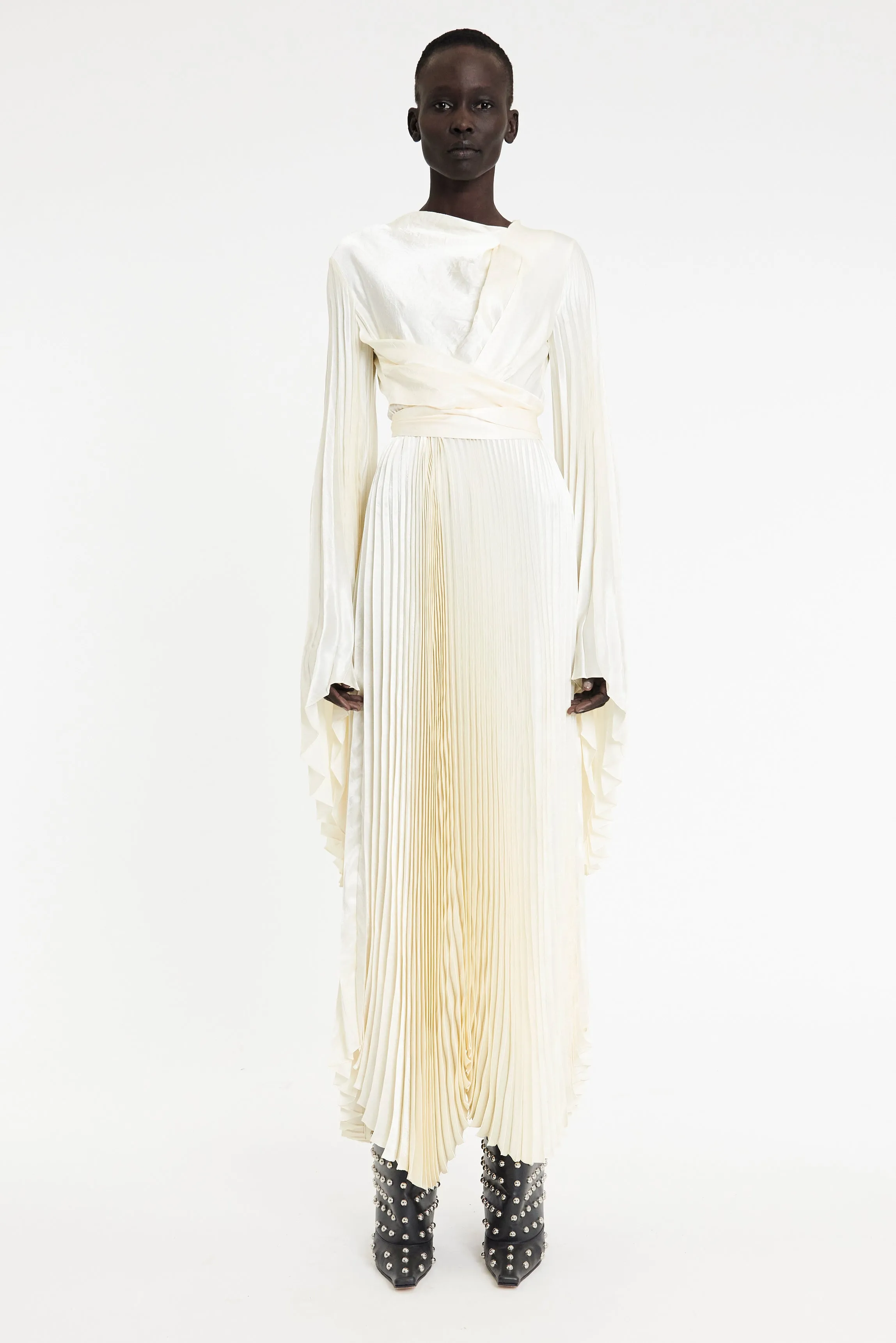 Petite friendly Subtle Elegance Wrap Around Maxi Dress With Pleated Skirt And Sleeves Ivory