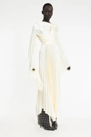 Wrap Around Maxi Dress With Pleated Skirt And Sleeves Ivory Lightweight warm-weather dress Simple yet sophisticated gown