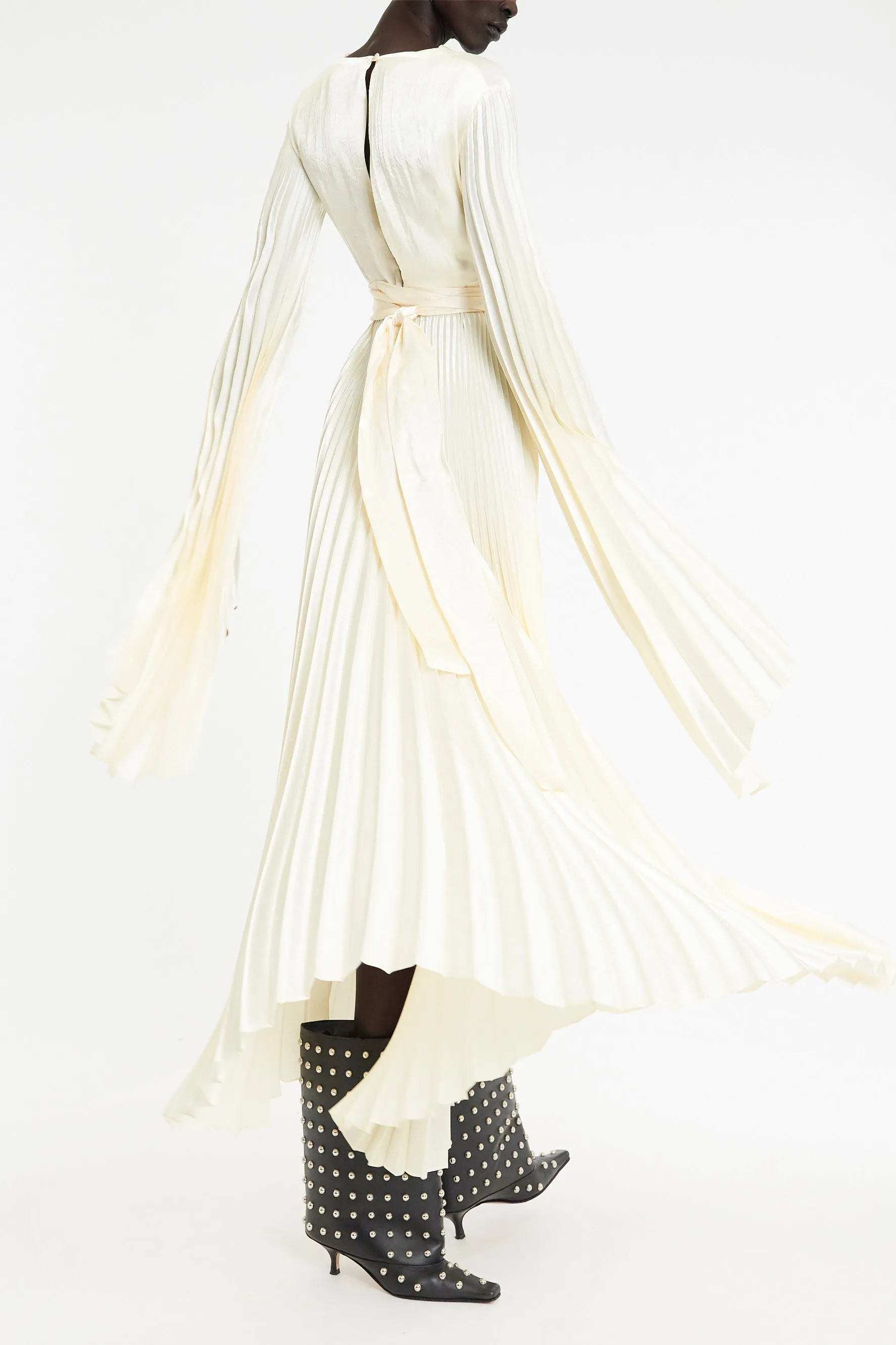 Silky Surface Classic Appeal Wrap Around Maxi Dress With Pleated Skirt And Sleeves Ivory